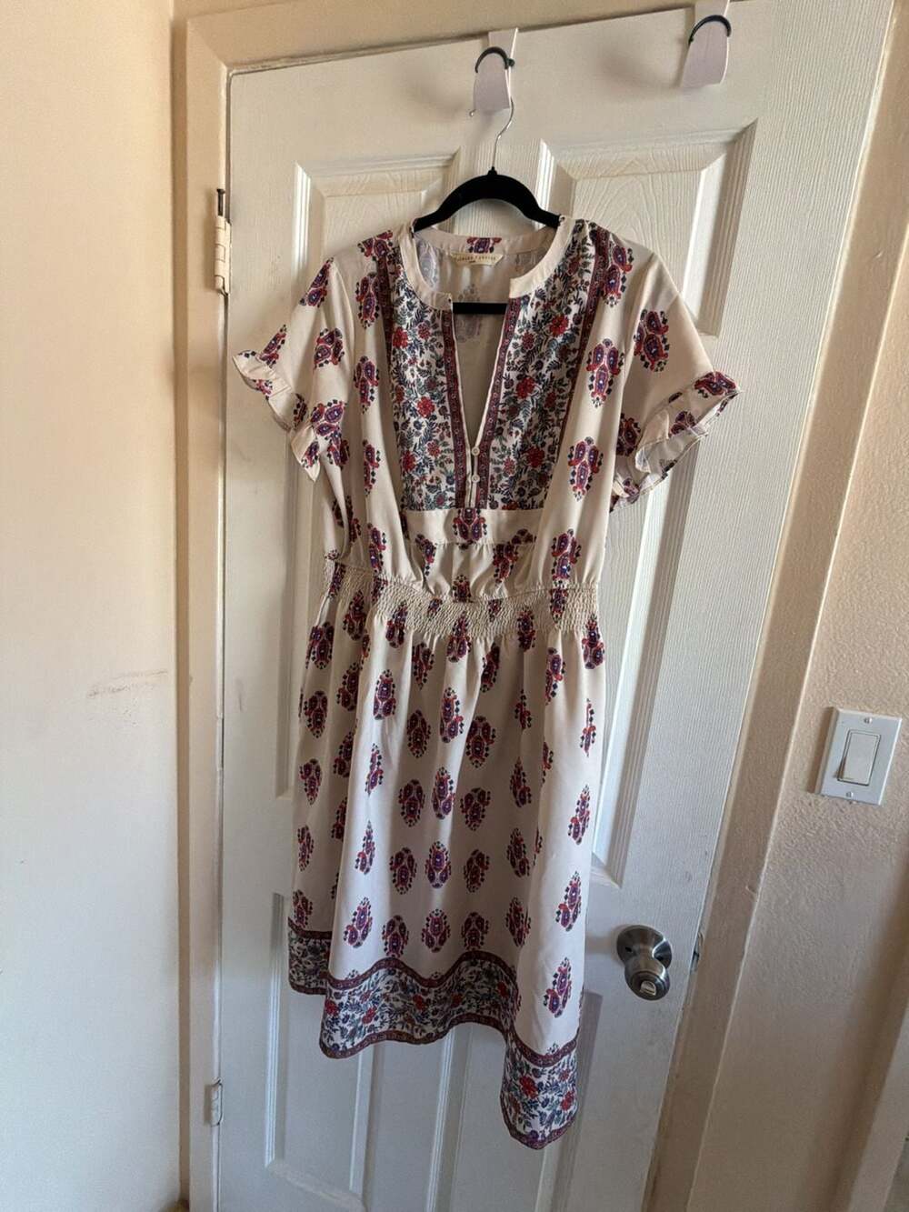 Wayward Fancies eShakti Boho Block Print Cream Dress Pockets Casual Festival Mid